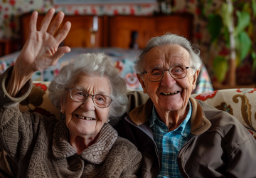 elderly couple waving | video call on tv for elderly