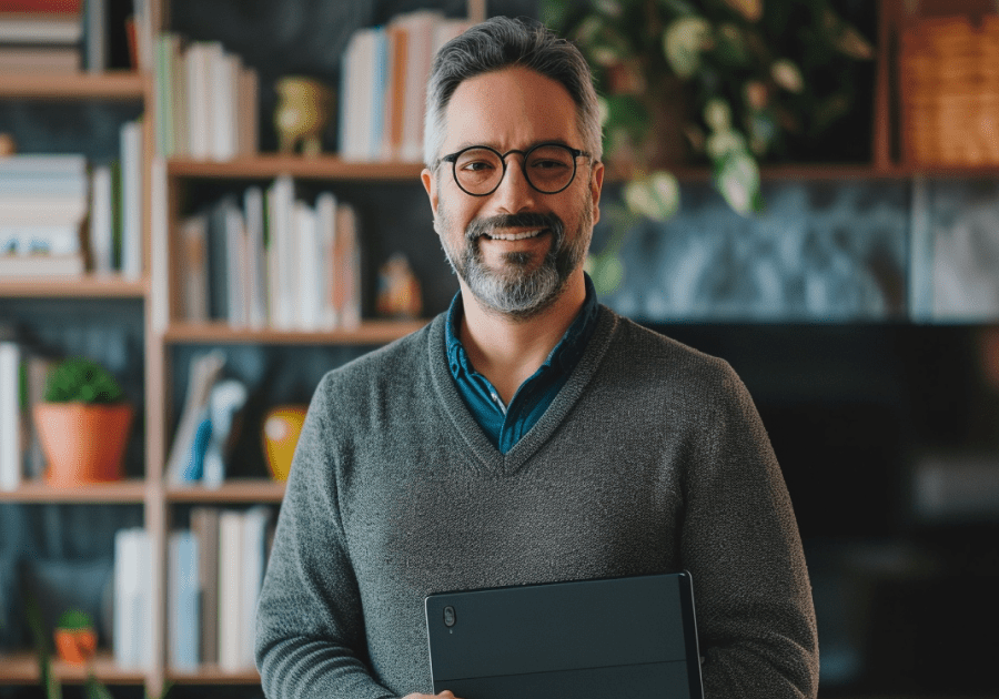 man standing in front of television holding basic set-top box