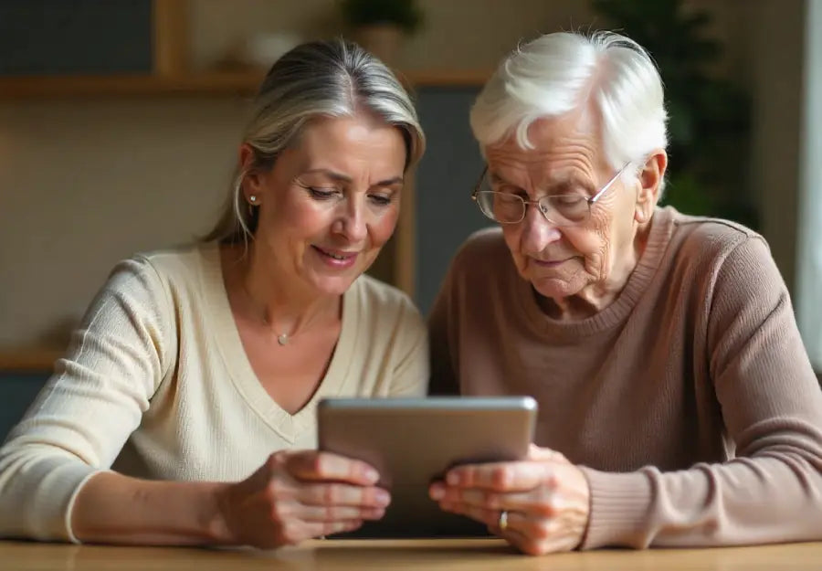 an adult daughter is giving her elderly mother tech tips for staying safe online