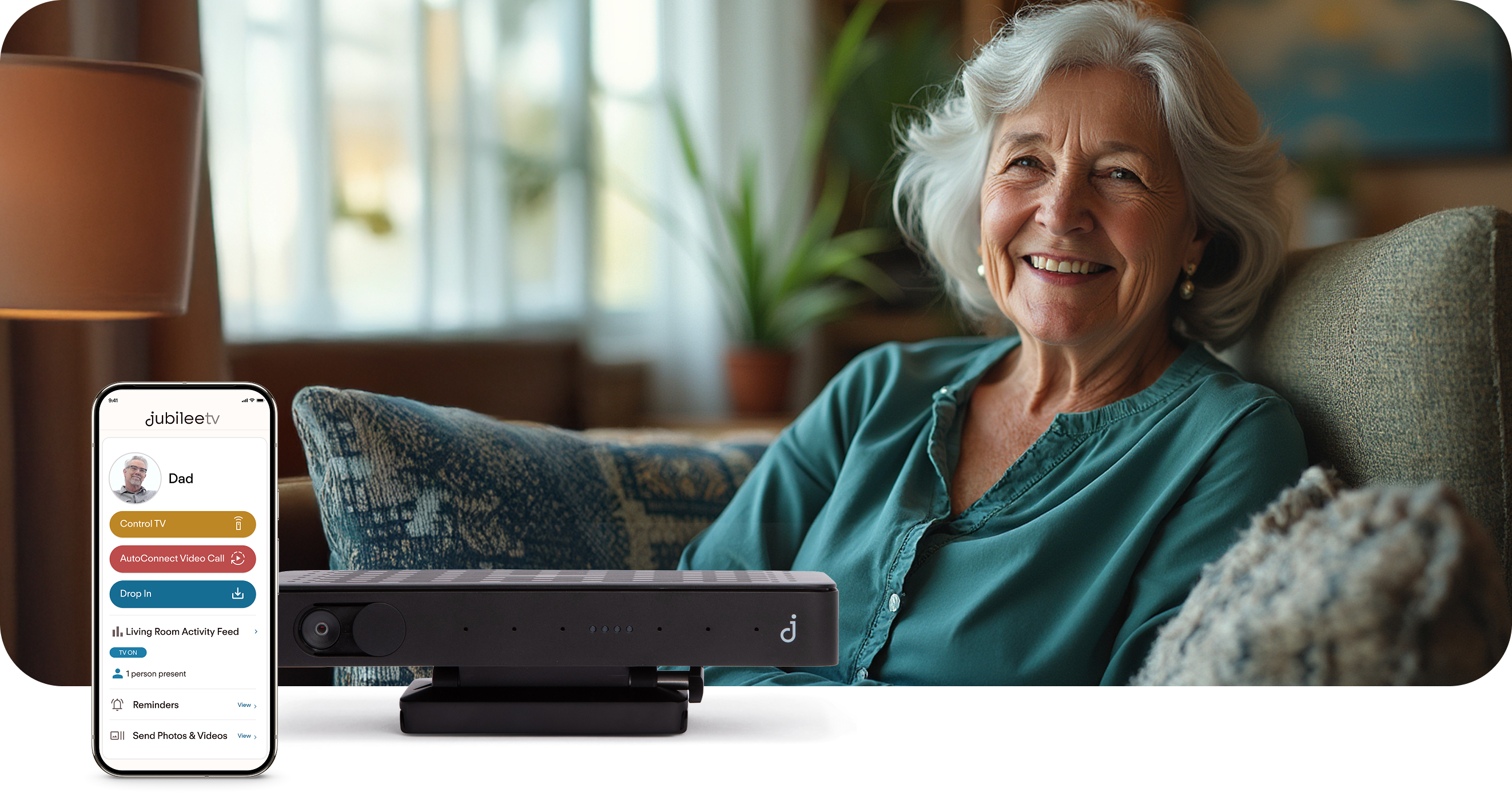 Woman sitting on a couch with a smartphone displaying the JubileeTV app and the hardware device in front of her.
