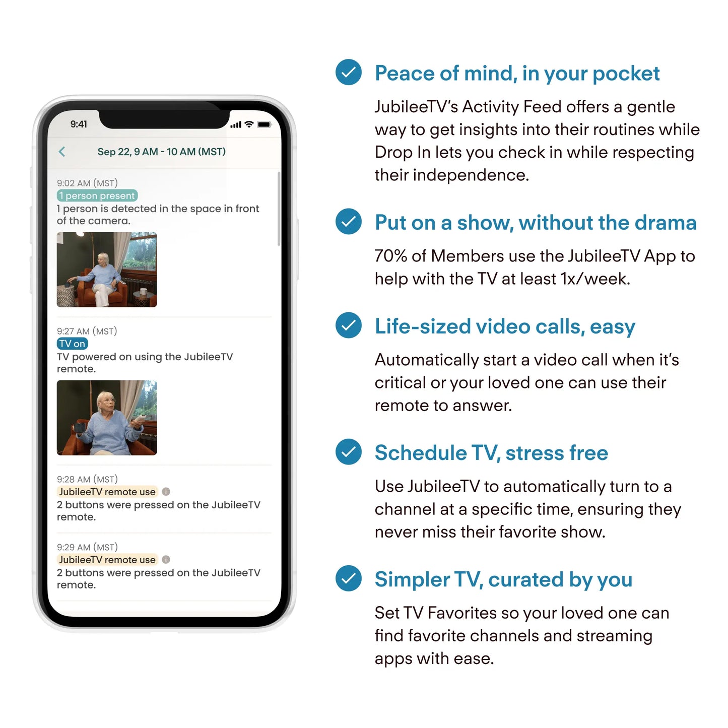 Phone screen displaying JubileeTV app interface with text about app features.
