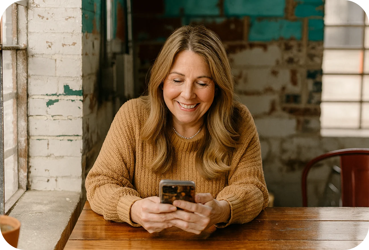 Woman sitting at a wooden table using a smartphone in a rustic setting.