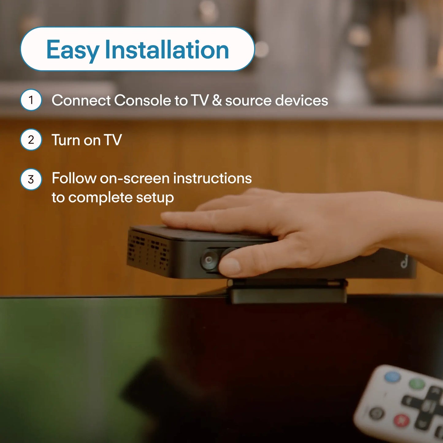Hand connecting JubileeTV console to the TV with text on easy installation steps.