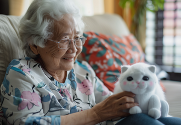 An elderly woman with dementia petting a robotic therapy cat
