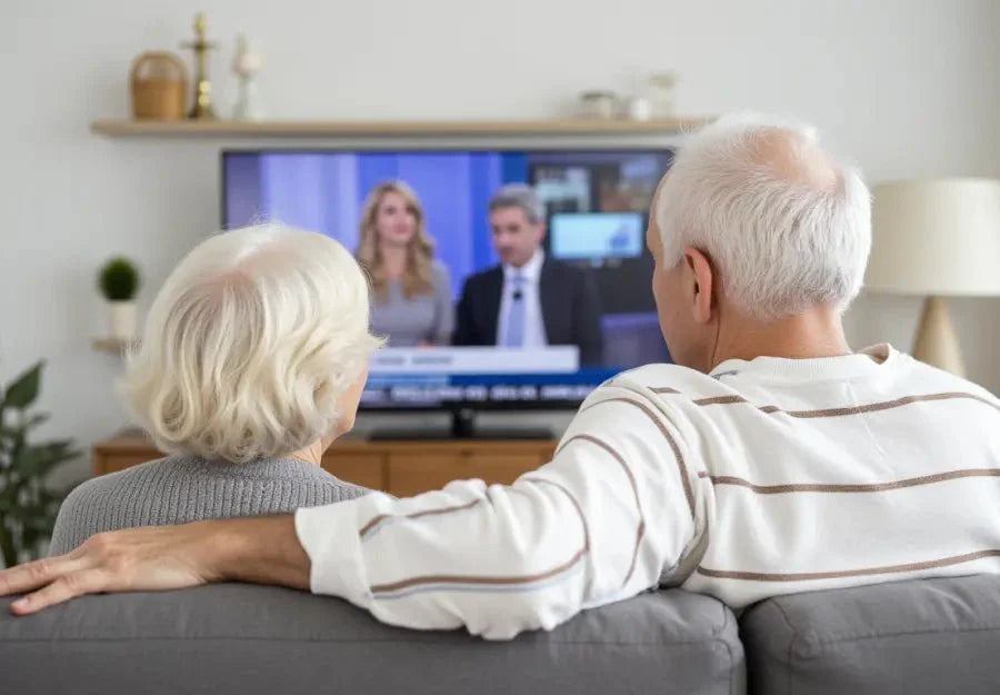 A senior couple watches TV together at home