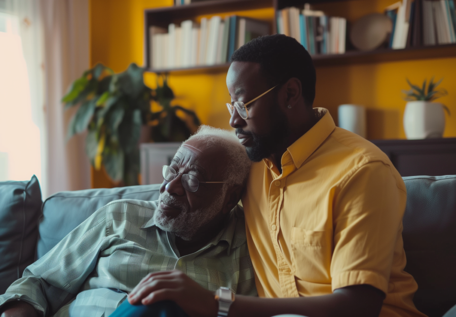 Man caring for an elderly parent at home, sitting on couch