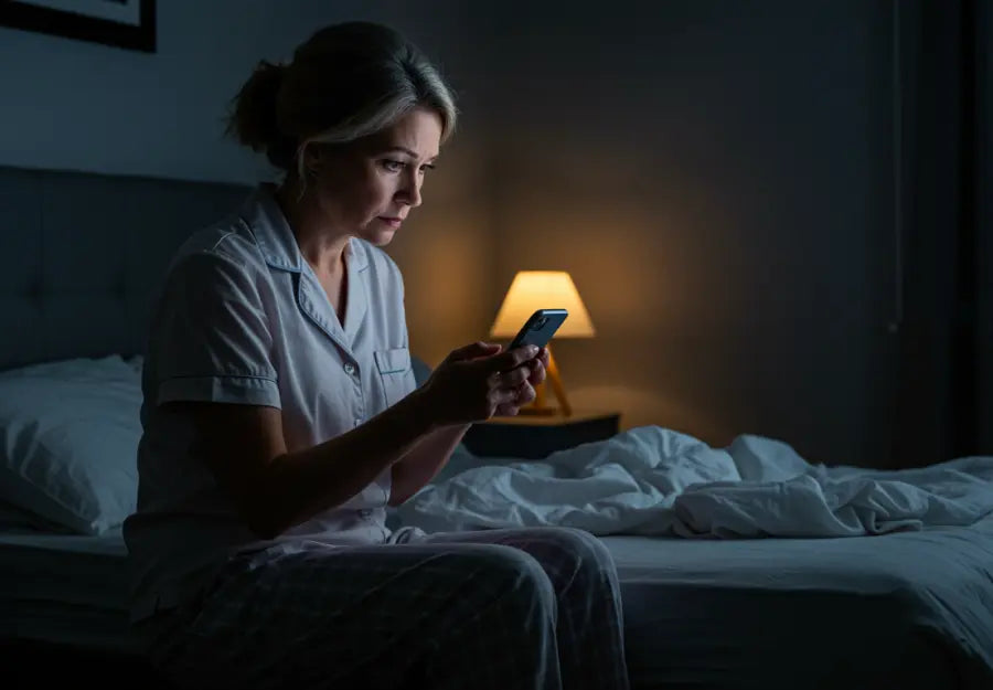 A middle-aged woman in pajamas, sitting on the edge of her bed at night, phone in hand, with a concerned expression. 