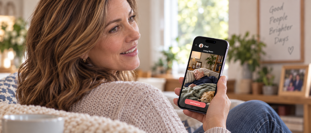 Daughter caregiving for elderly parent living home alone checking in using JubileeTV Drop In