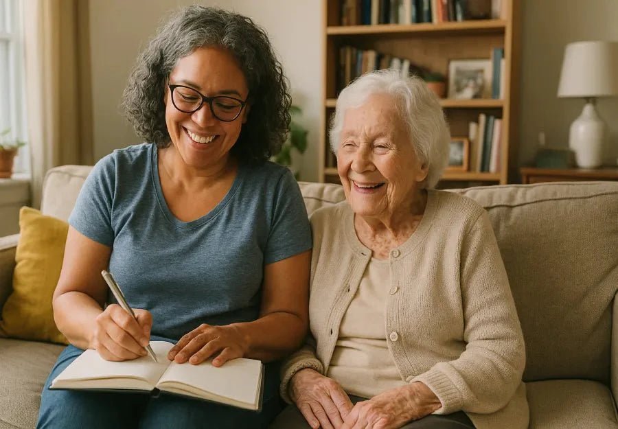 Duaghter creating a dementia care plan for elderly mother