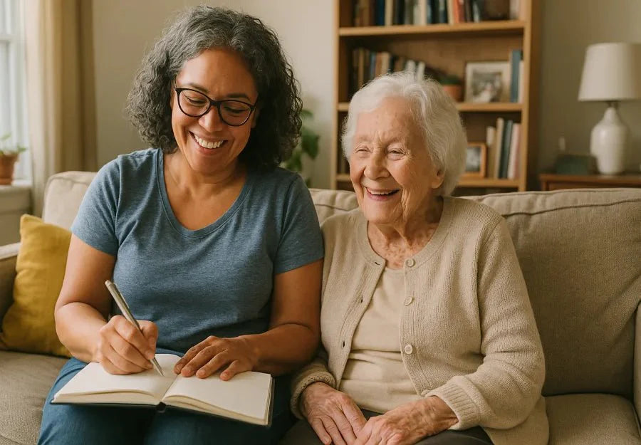 Duaghter creating a dementia care plan for elderly mother