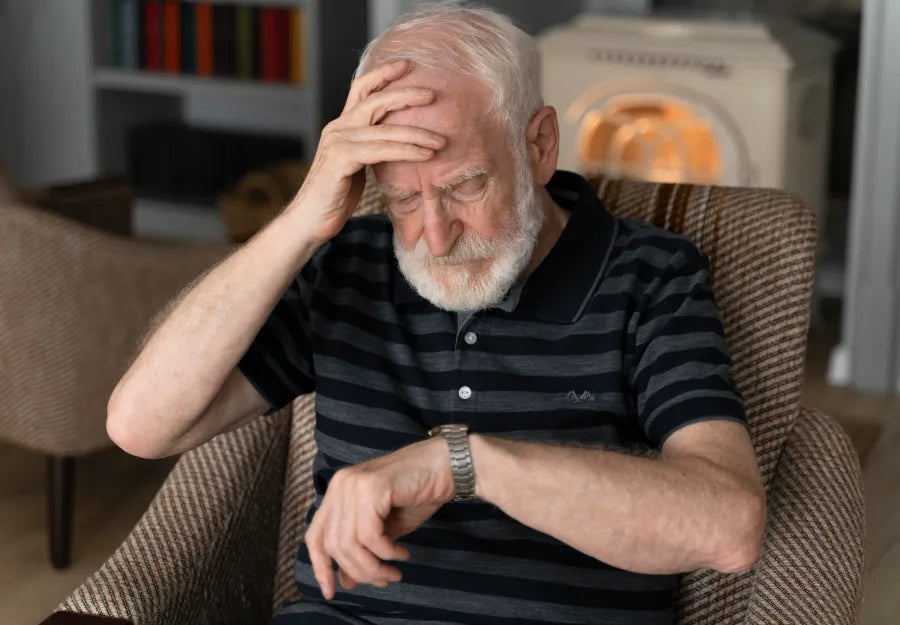 elderly man with dementia is confused looking at his watch