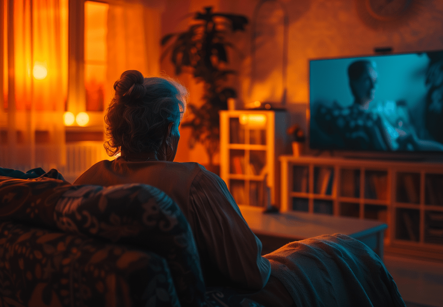 Elderly woman watching TV in a dimly lit room