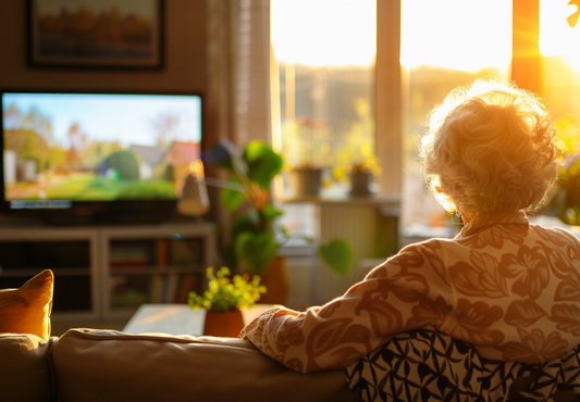 Elderly woman with dementia watching tv using JubileeTV Passive Mode