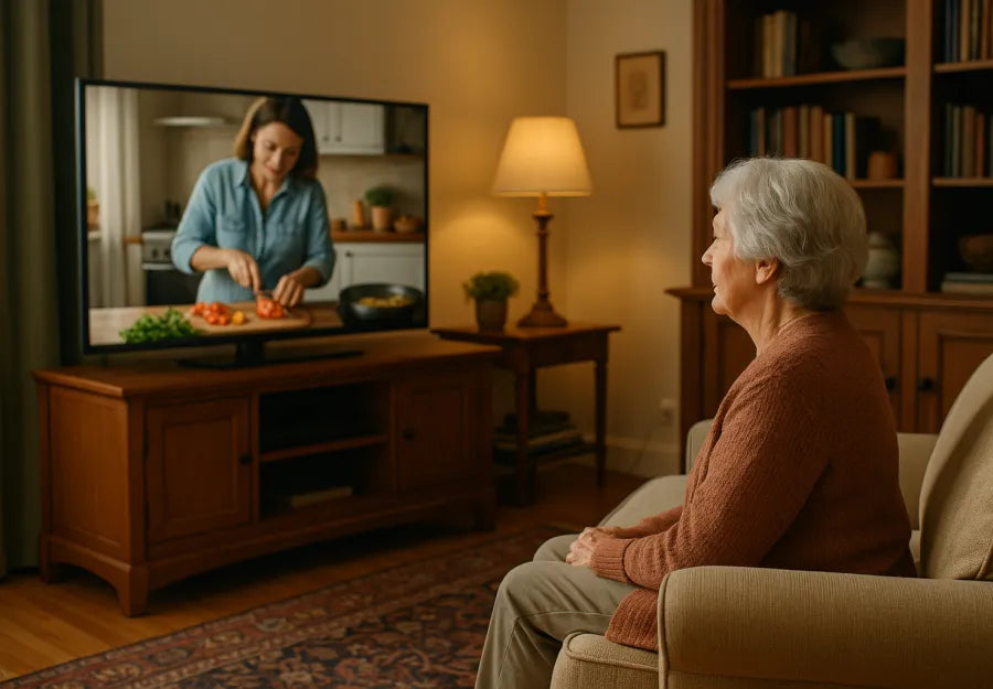 elderly woman watching tv while family remotely monitors without disrupting her