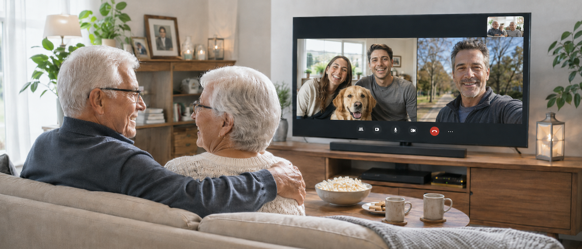 senior parents taking video call on TV
