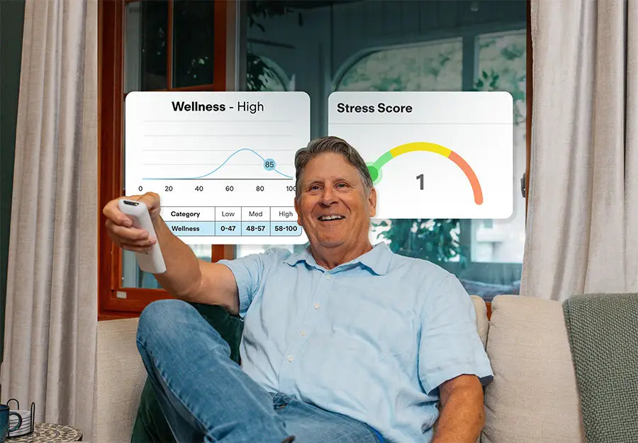 Elderly man using voice insights technology to assess mood 