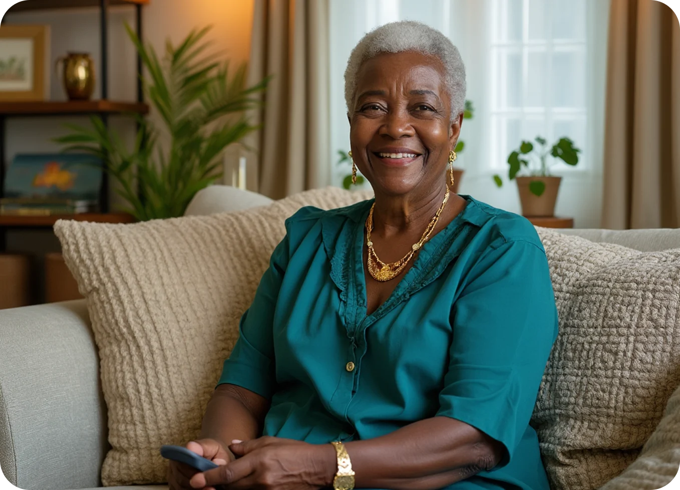 Elderly woman sitting on a couch in a cozy living room.