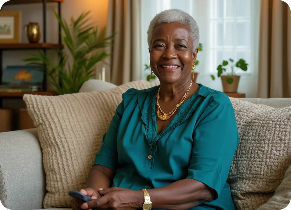 Woman sitting on a couch holding a phone in a cozy living room.