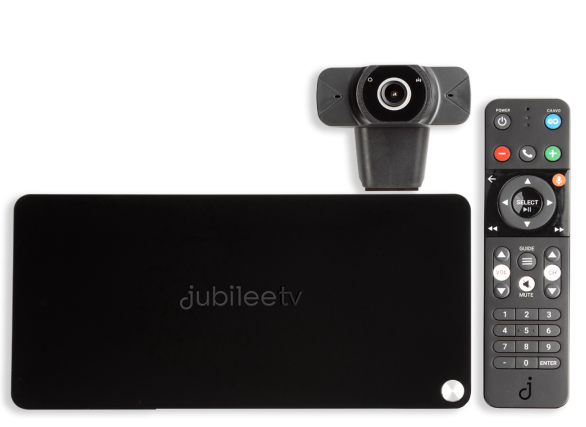Easy senior TV: JubileeTV Hub with console, simple voice remote for seniors, and web camera