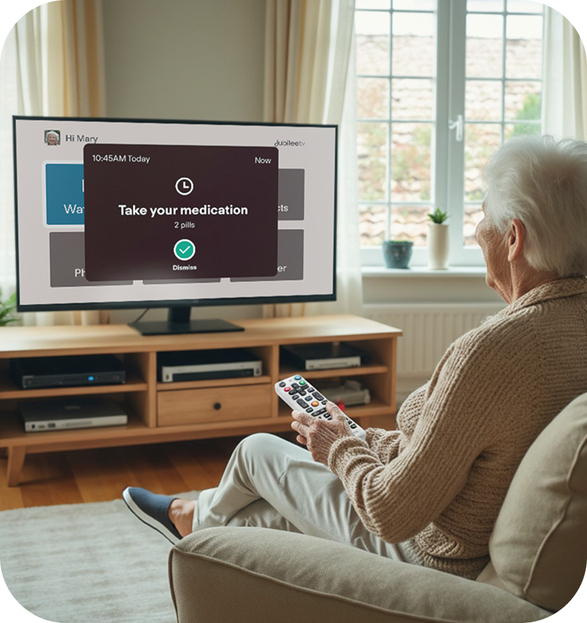 Person using a remote control in front of a television displaying medication reminder from JubileeTV.