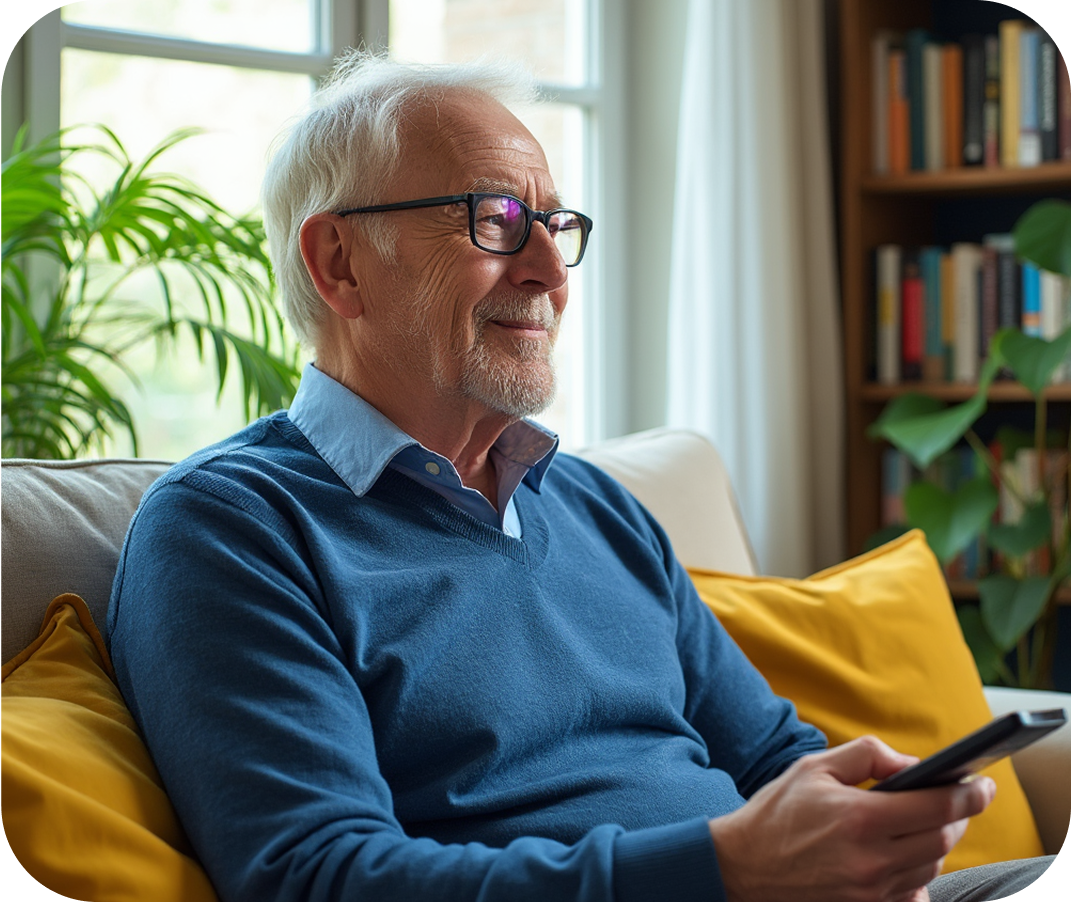 Man sitting on a couch holding a remote control in a cozy living room.