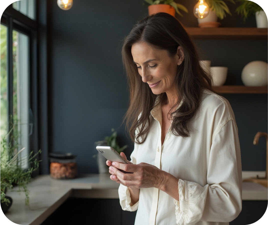 Woman using a smartphone in a home setting with plants and shelves in the background