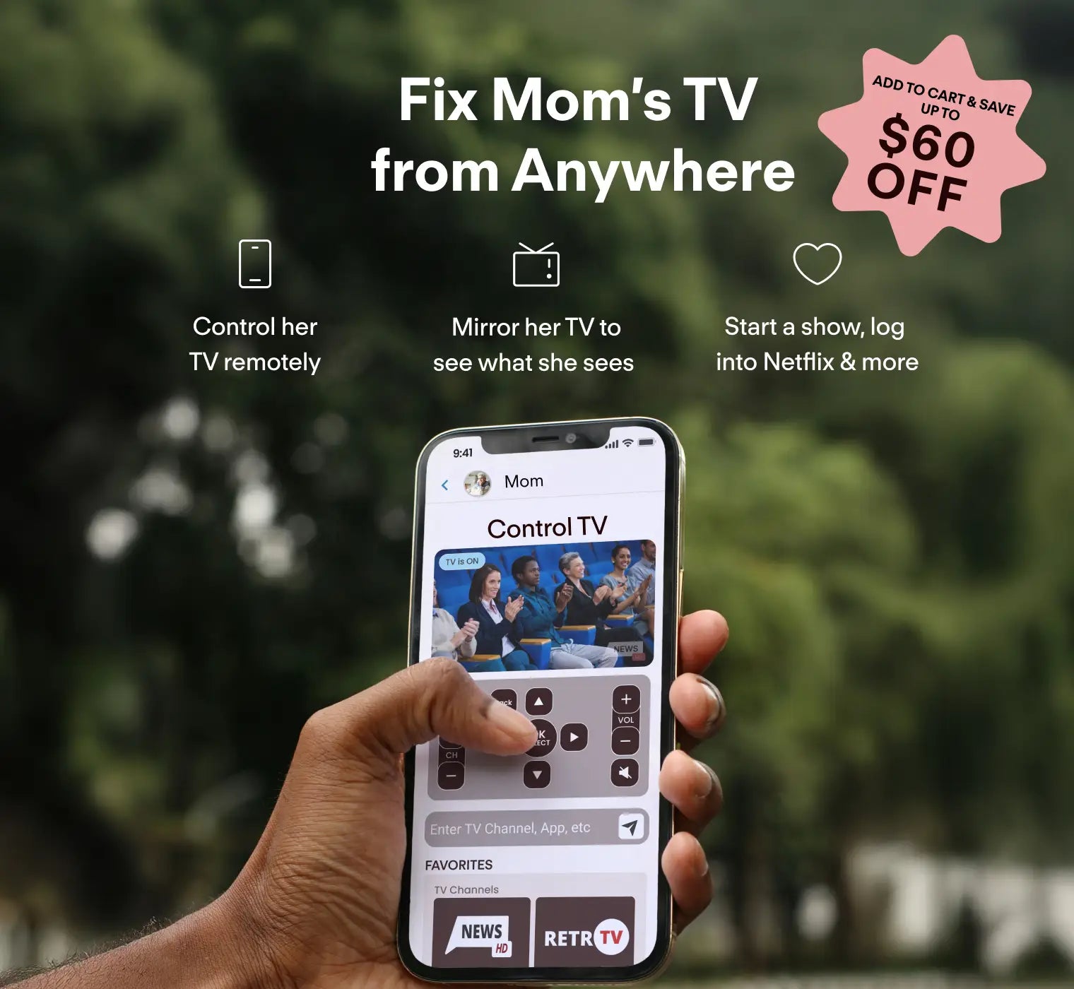 Using JubileeTV app to remotely control parent's television, blurred outdoor background