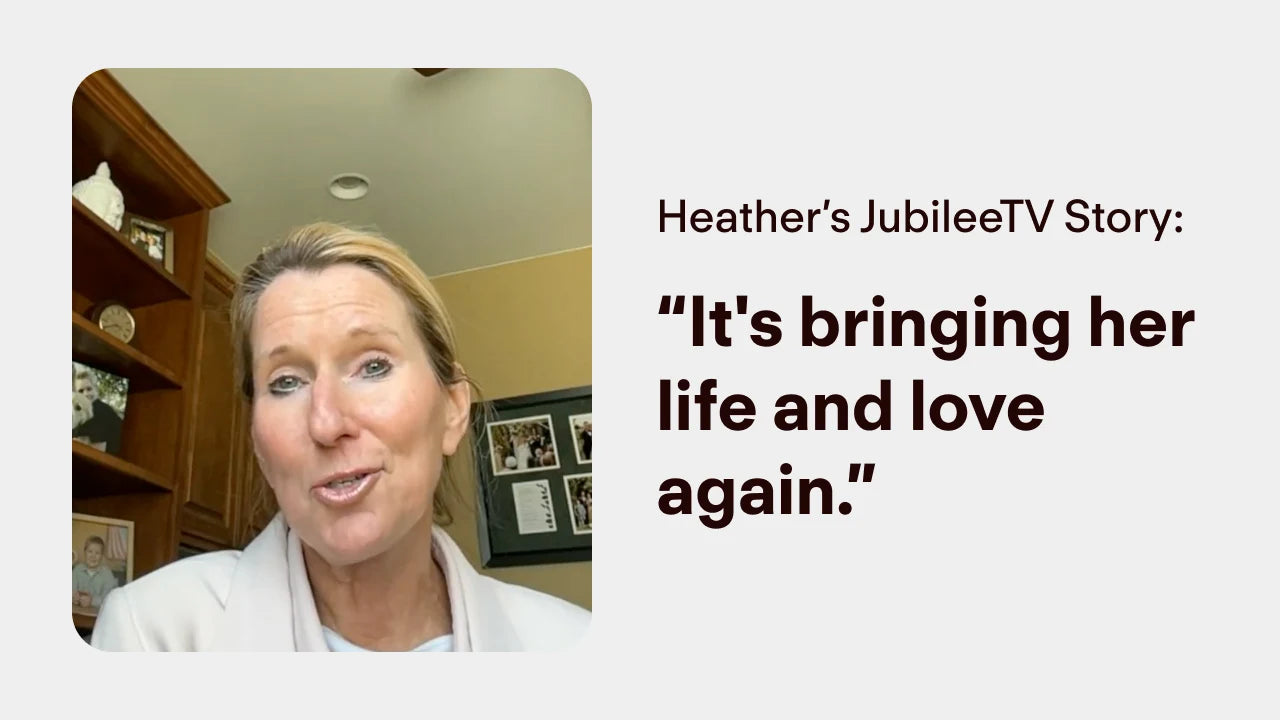 Thumbnail image from a video testimonial titled ‘Heather’s JubileeTV Story.’ A woman smiles beside the quote, ‘It’s bringing her life and love again.’