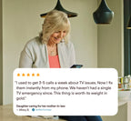Woman using a smartphone with a positive review overlay