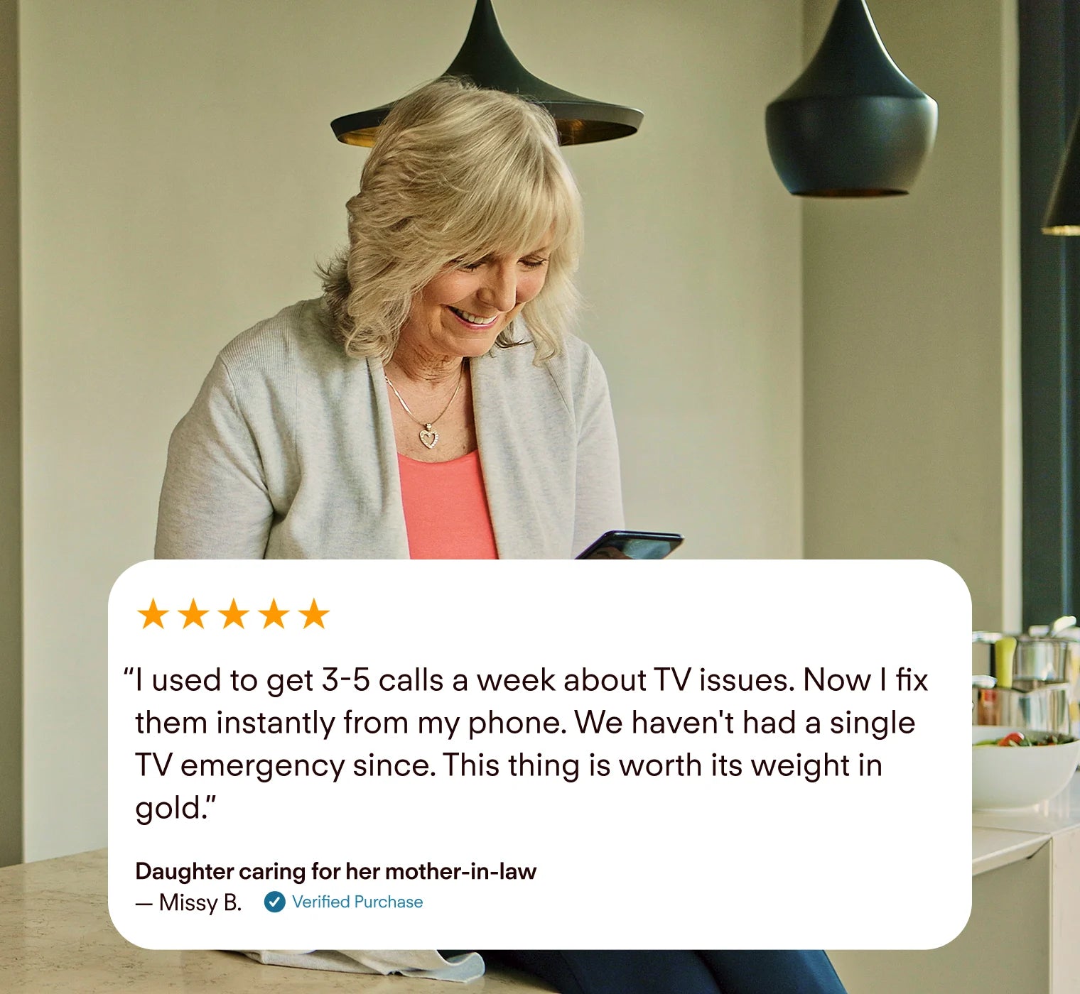 Woman using a smartphone with a positive review overlay
