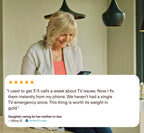Woman using a smartphone with a positive review overlay