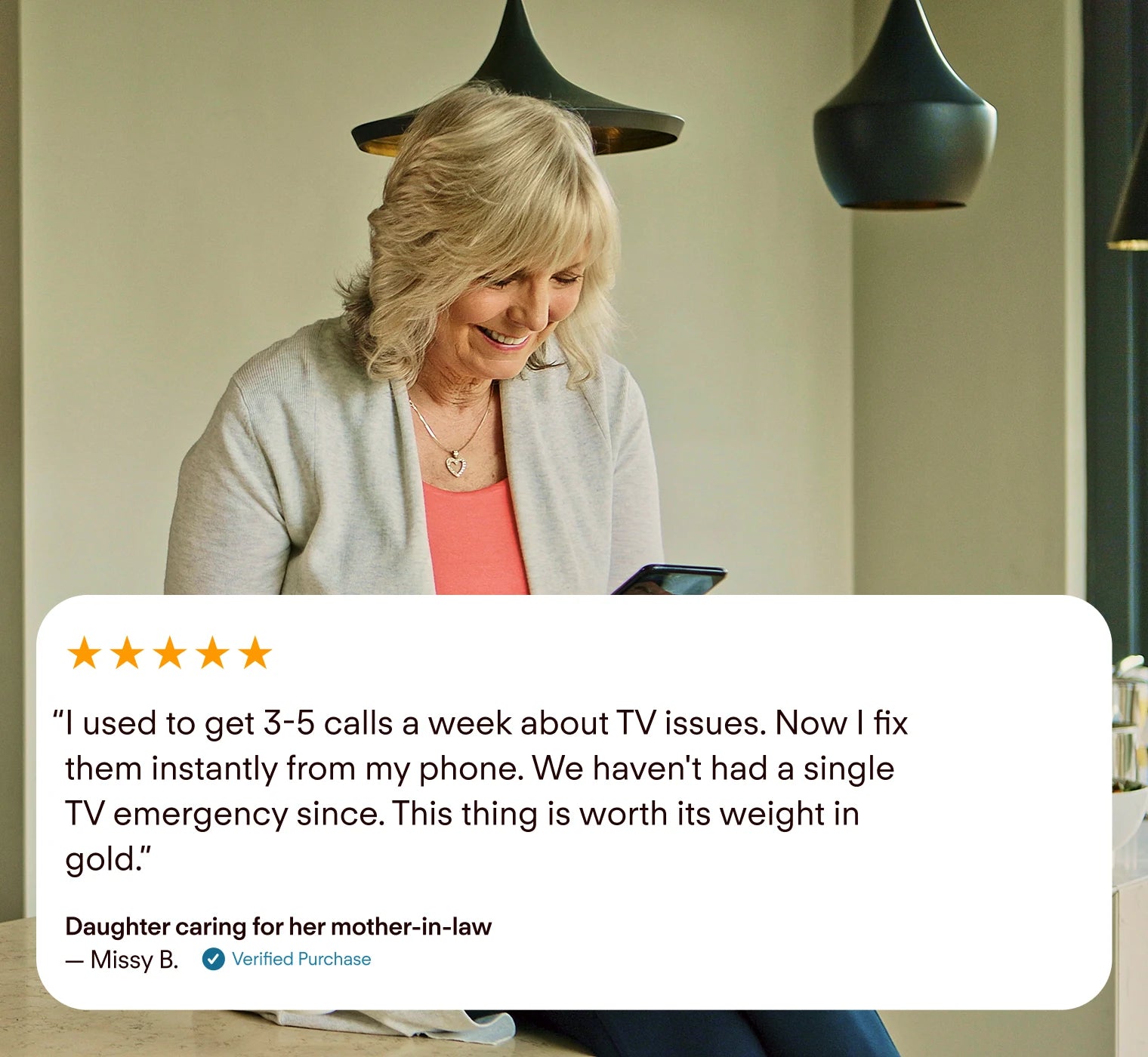 Woman using a smartphone with a positive review overlay