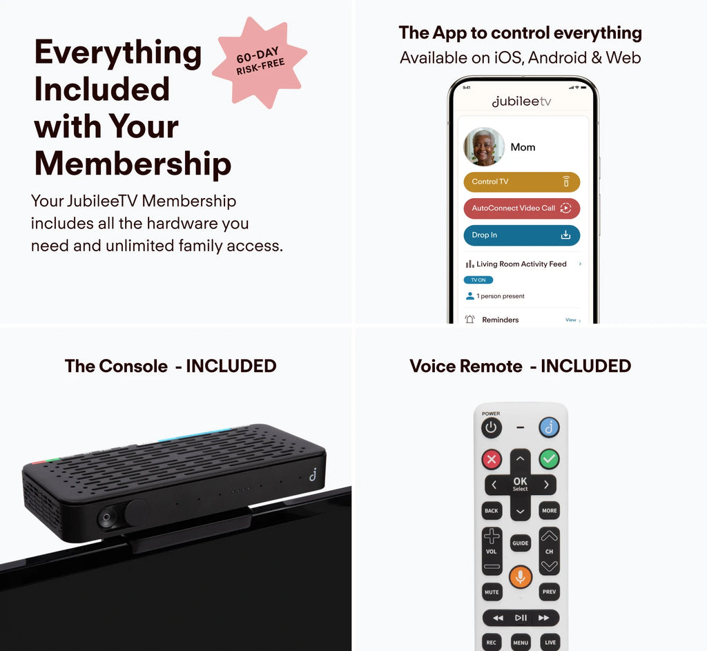 JubileeTV membership package with console, remote, and app interface on a white background