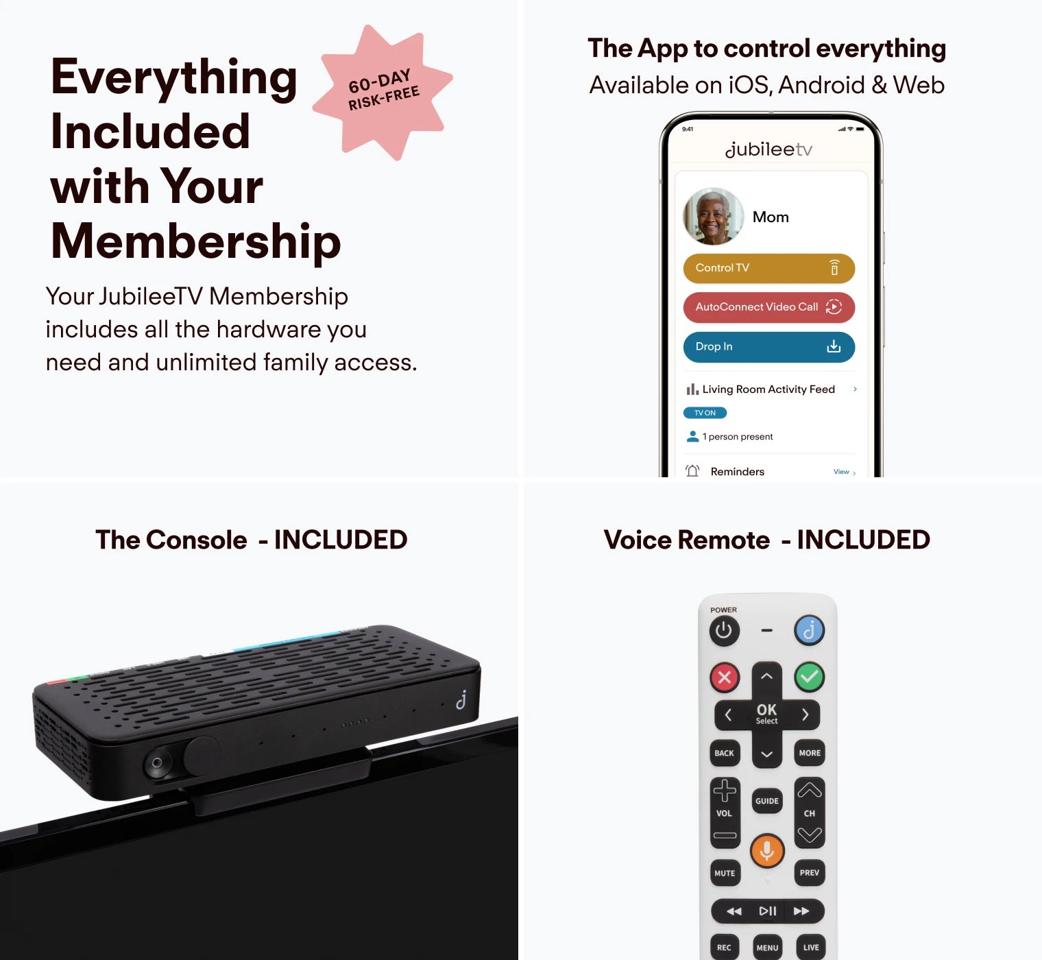 JubileeTV membership package with console, remote, and app interface on a white background