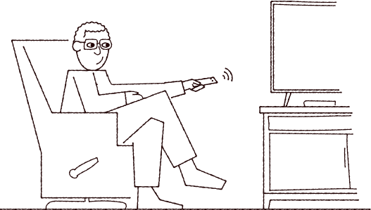 A sketch of an elderly man watching TV from their favorite chair with a remote in their hand.