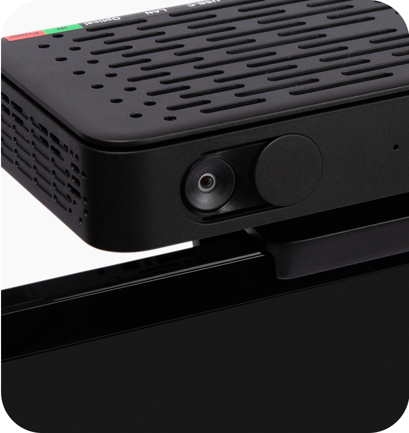 a close up image of the JubileeTV console focusing on the devices camera and privacy cover.