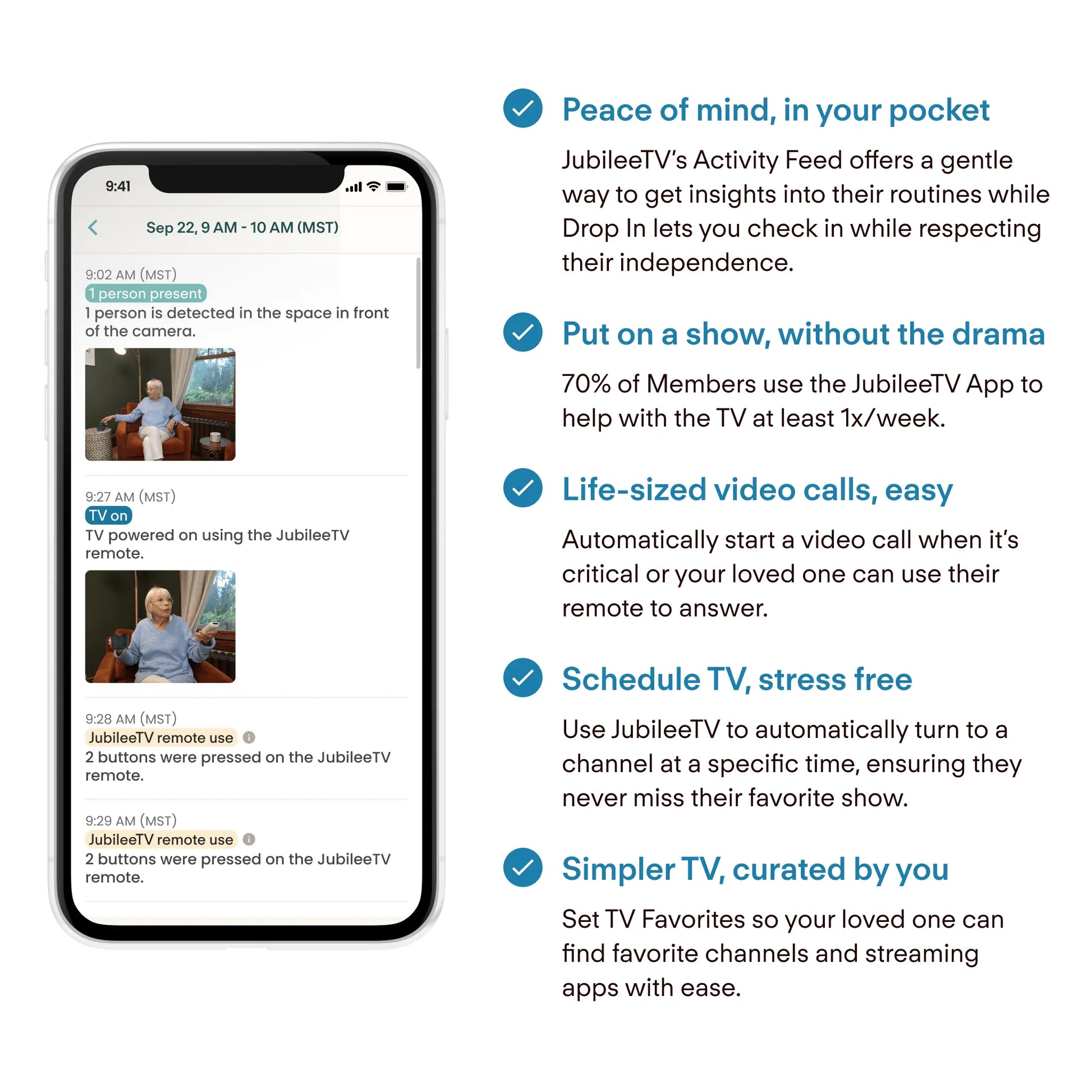 Phone screen displaying JubileeTV app interface with text about app features.