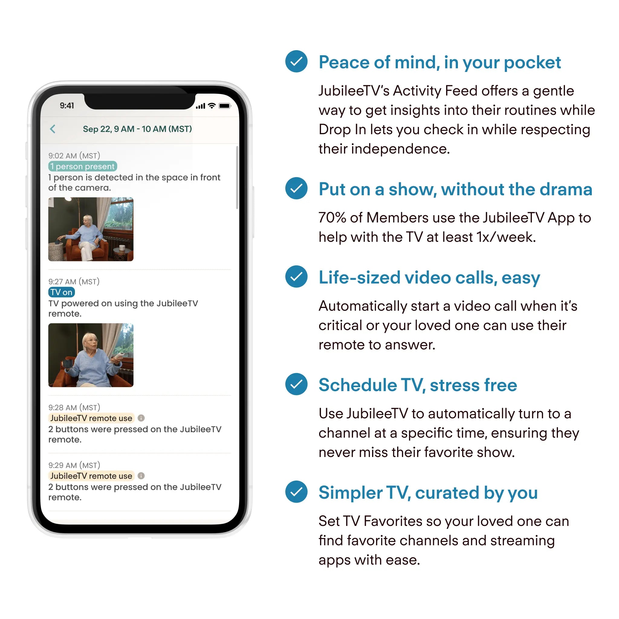 Phone screen displaying JubileeTV app interface with text about app features.