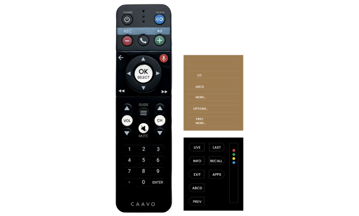 An image of the best universal voice remote for seniors, and stickers.