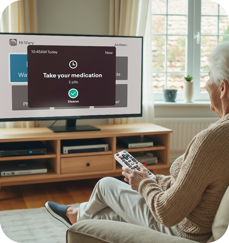 A JubileeTV user is sitting on the couch watching TV with a remote in their hand as they receive a reminder notification to take their medication.