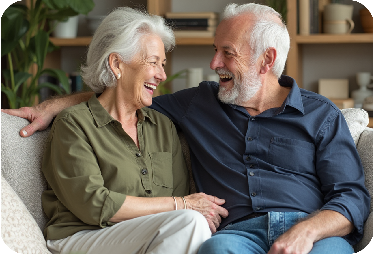 Senior couple sitting together on a couch, smiling and laughing.