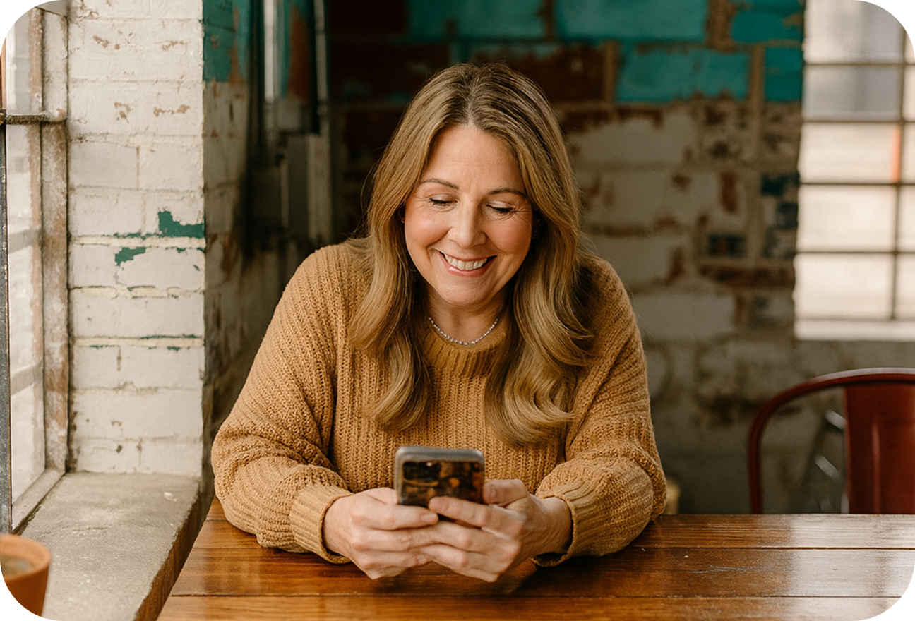 Woman sitting at a wooden table using a smartphone in a rustic setting.