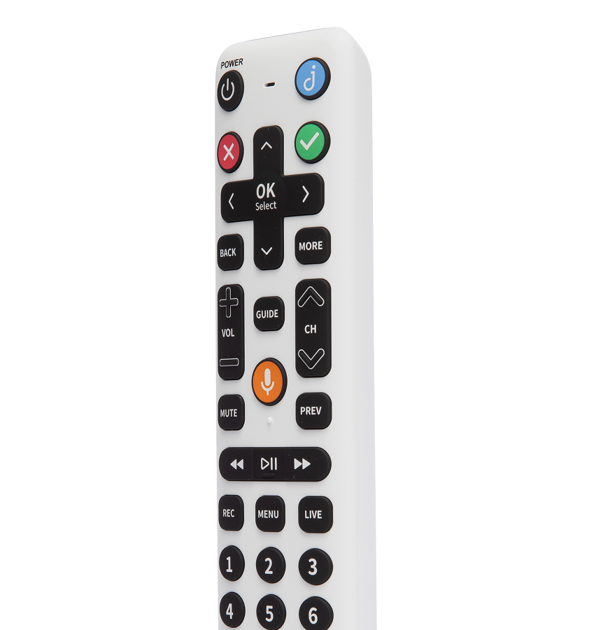 White JubilleTV remote control with black buttons on a white background