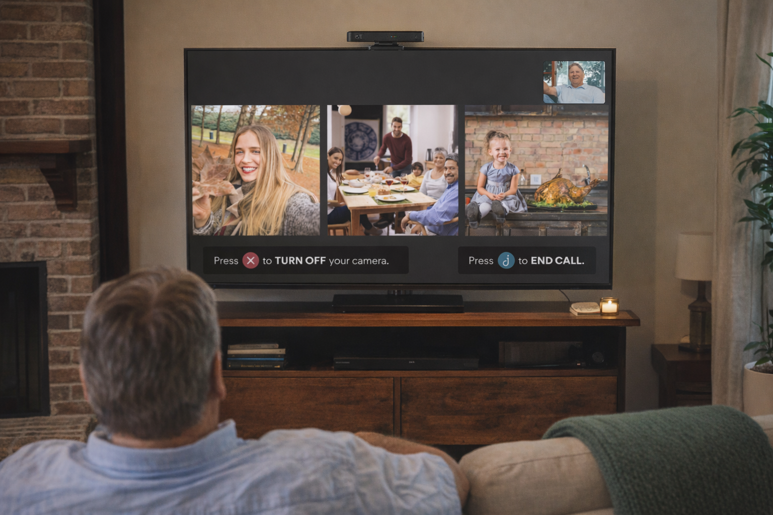Person sitting on a couch watching a video call on a television screen.