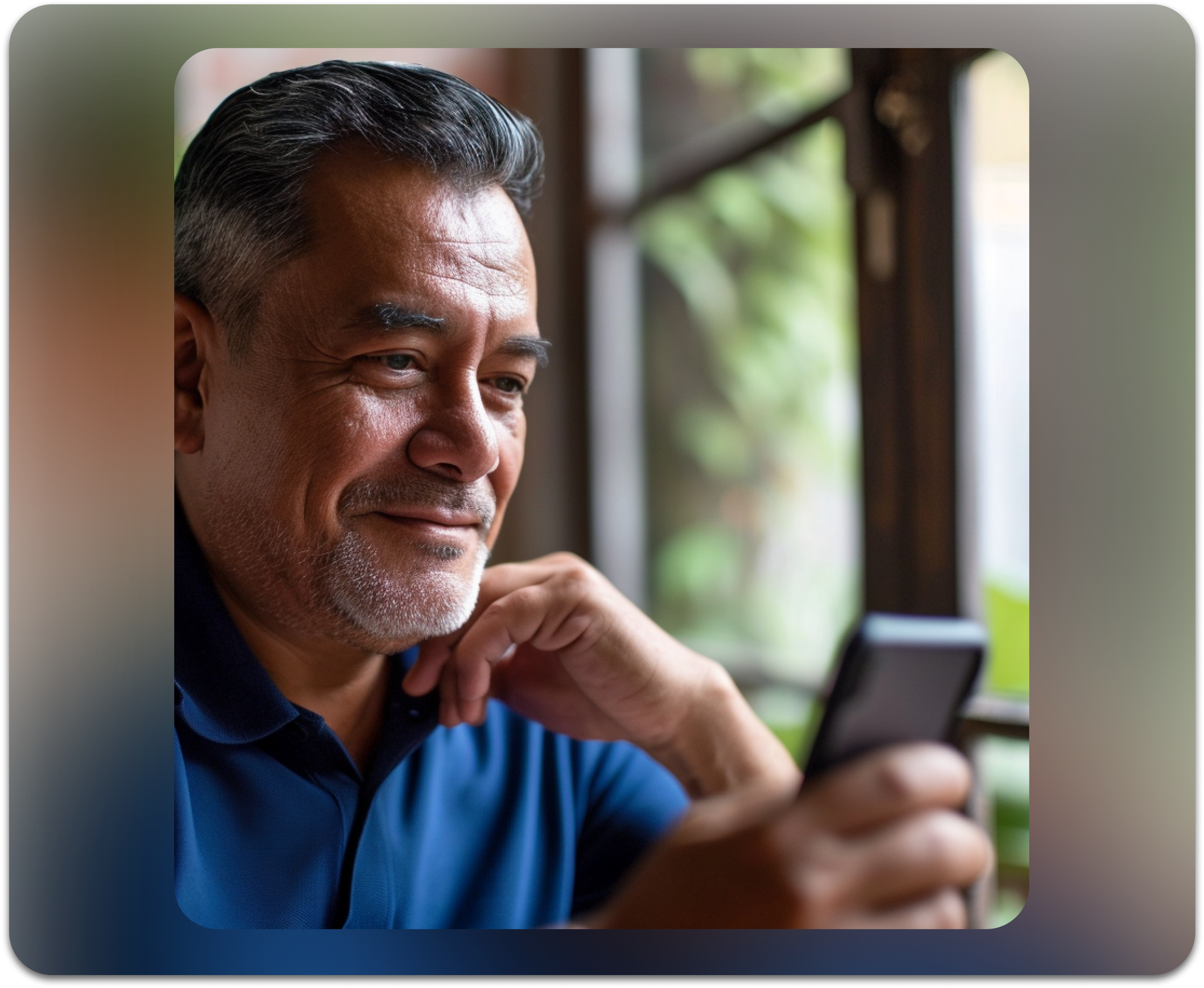 Man using his smartphone to check in on his elderly parents.
