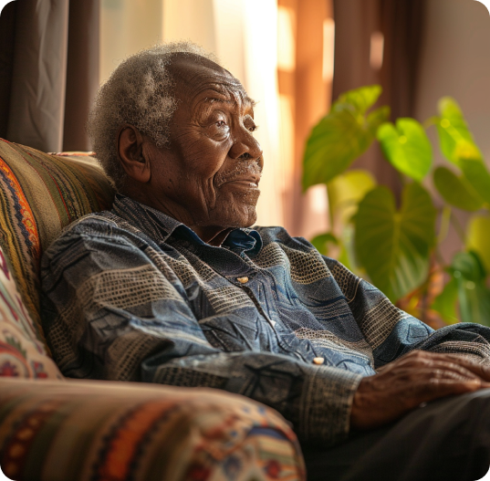 an elderly man sitting on his sofa watching tv