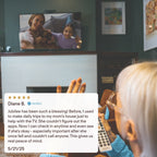 Elderly person video calling on TV with grandchild, and a JubileeTV review from Diane B. on screen.