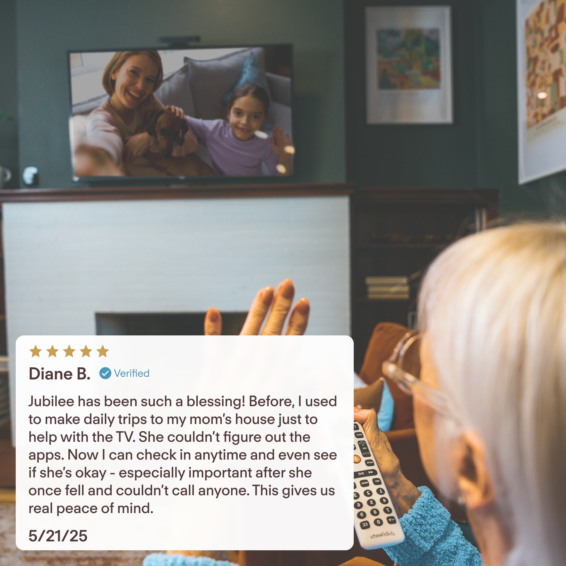 Elderly person video calling on TV with grandchild, and a JubileeTV review from Diane B. on screen.