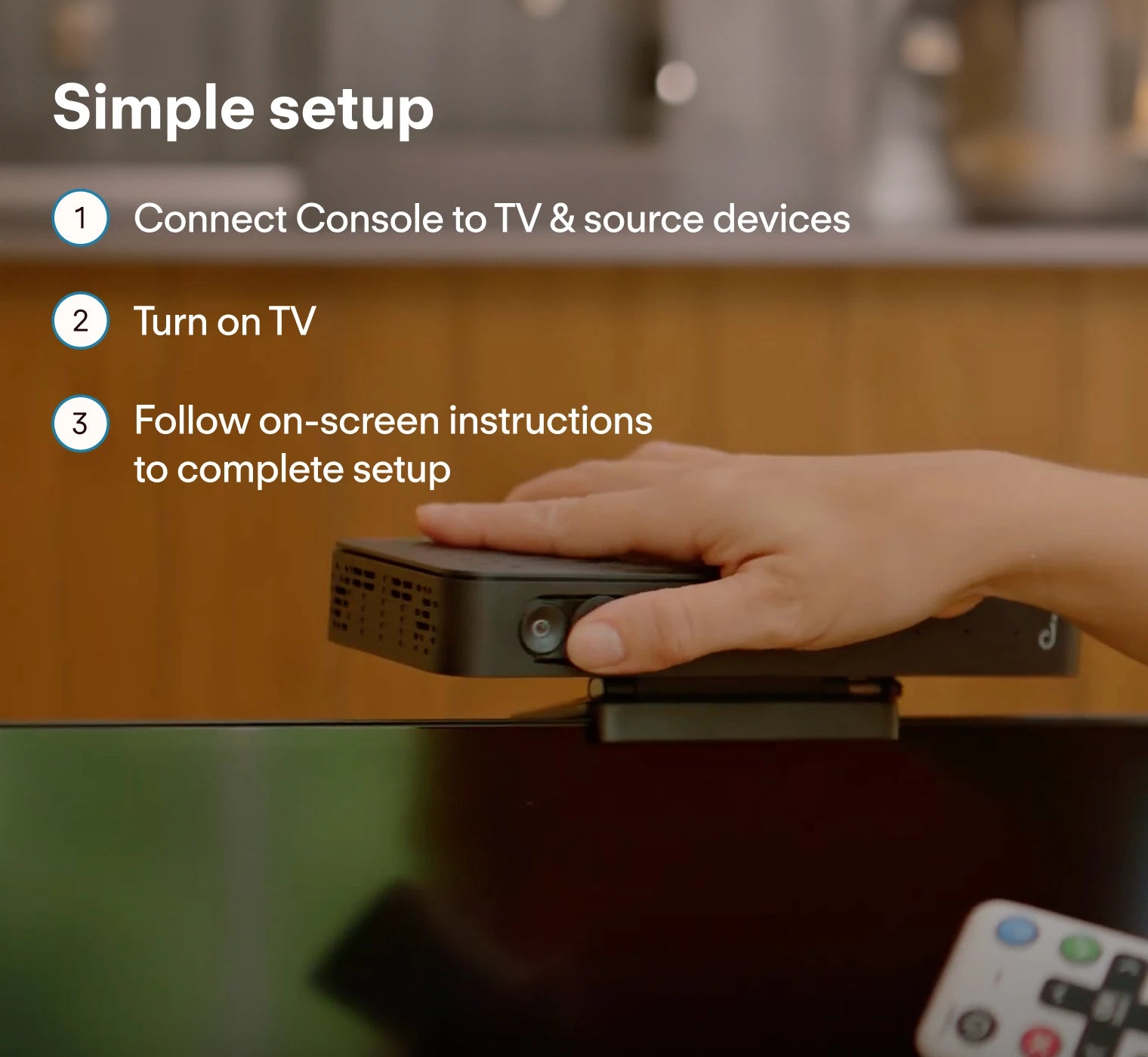 Hand connecting JubileeTV console to the TV with text on easy installation steps.