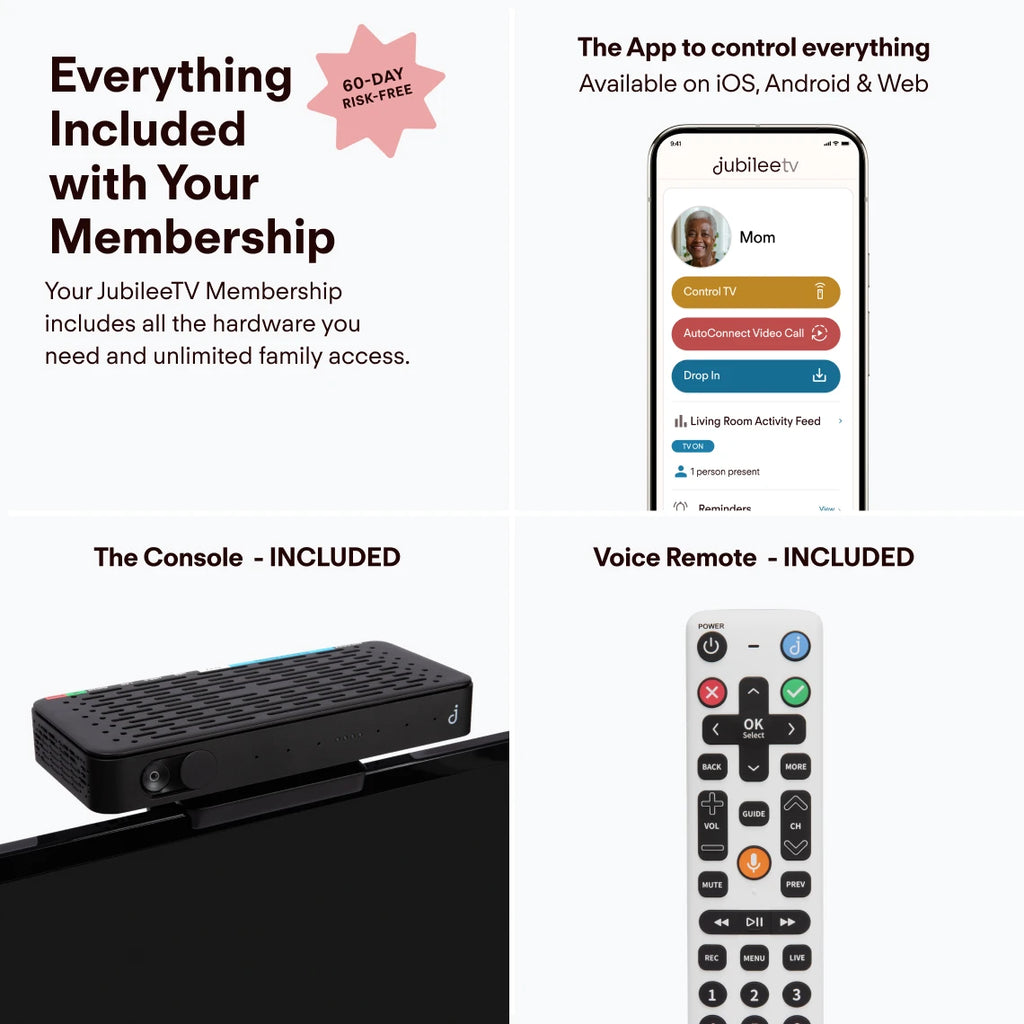 JubileeTV console with voice remote and family app simplifies tv for seniors